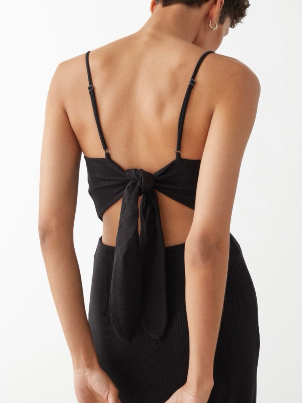 & Other Stories Black Ribbed Back-Tie Midi Dress